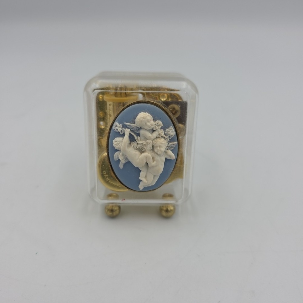 Beautiful Sankyo Blue White CHERUB CAMEO Footed Music Box~"Let It Be"